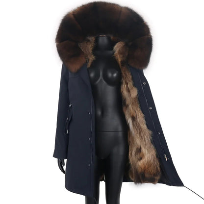 Damen Winterparka Schwarz mit Pelzbesatz Kapuze Lang