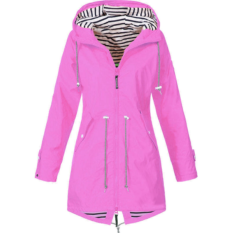 Damen Regenjacke mit Kapuze und Tunnelzug gestreiftes Futter