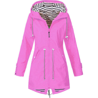 Damen Regenjacke mit Kapuze und Tunnelzug gestreiftes Futter