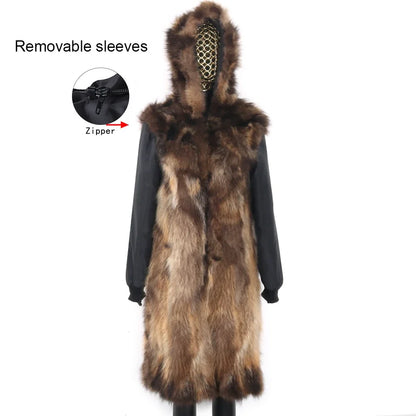 Langer Damen Winter Parka mit Kapuze und Pelzbesatz, warm gefüttert