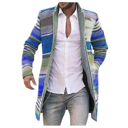 Herren Cardigan Strickjacke Lang Multi-Farben Gestreift Offen Wintermantel Jacke