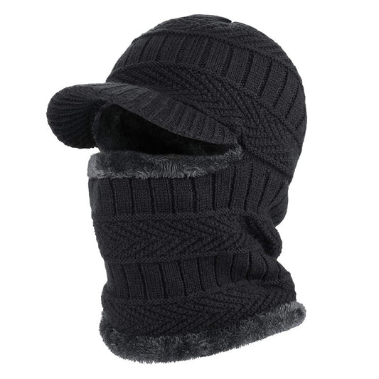 Winter Beanie Mütze mit Schirm & Schal Set Strick Fleece Futter