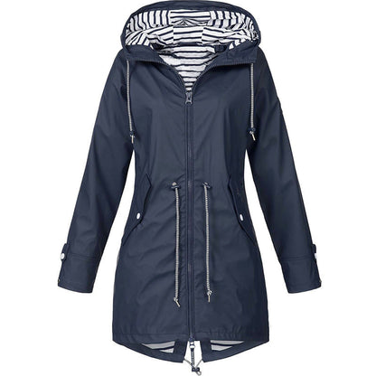 Damen Regenjacke mit Kapuze und Tunnelzug gestreiftes Futter