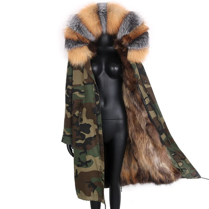 Langer Damen Winter Parka mit Kapuze und Pelzbesatz, warm gefüttert