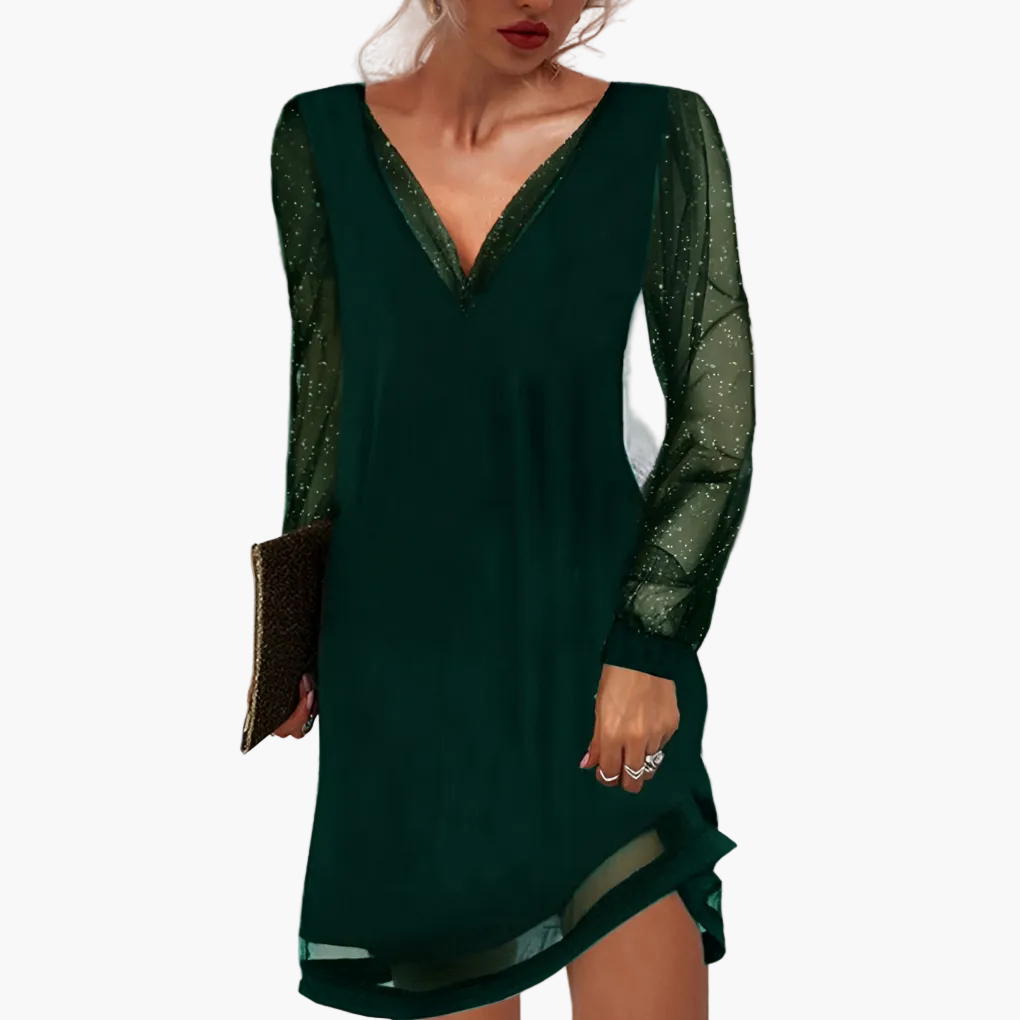 Damen Abendkleid mit transparenten Glitzerärmeln und V-Ausschnitt – Elegantes Cocktailkleid für besondere Anlässe