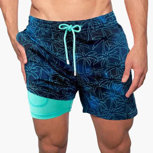 Herren Badeshorts mit Kompressions-Innenshorts – Moderne, schnell trocknende Swimshorts mit tropischem Muster für Strand & Sport