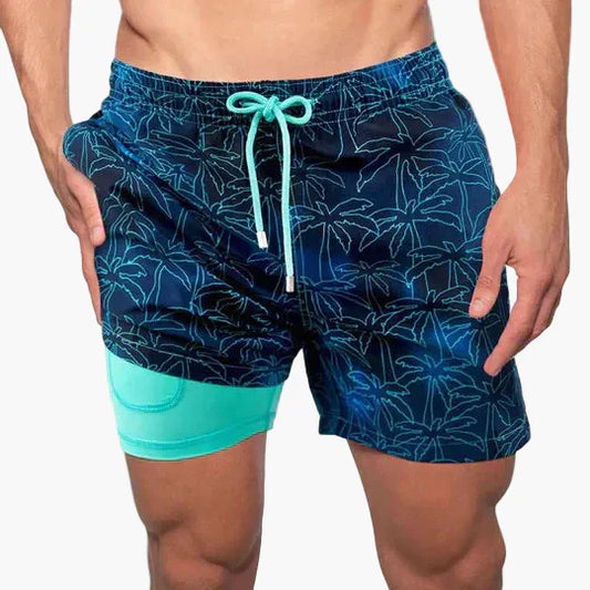 Herren Badeshorts mit Kompressions-Innenshorts – Moderne, schnell trocknende Swimshorts mit tropischem Muster für Strand & Sport