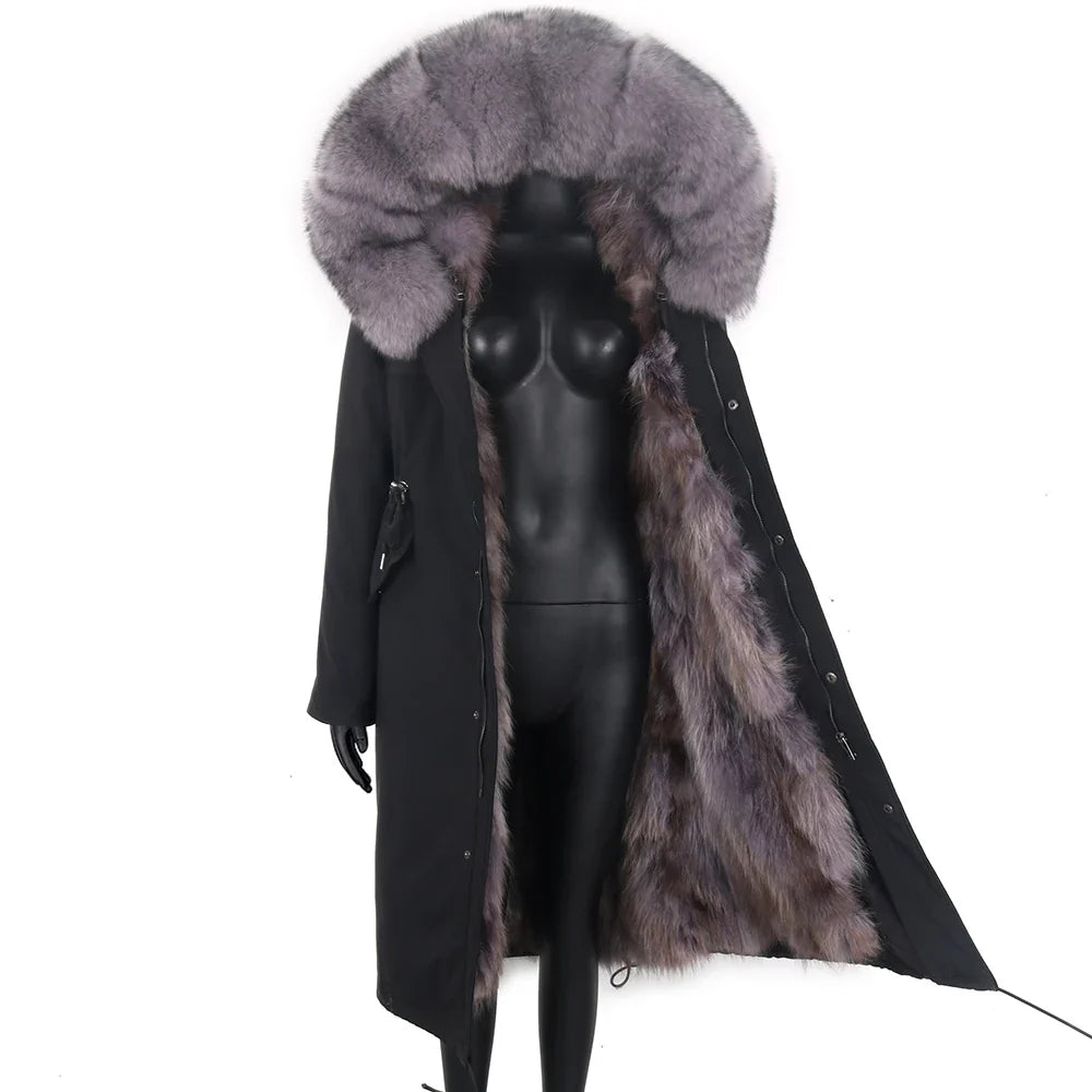 Damen Winterparka Schwarz mit Pelzbesatz Kapuze Lang
