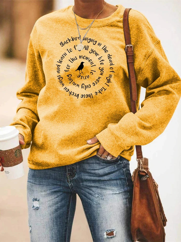 Sweatshirt Damen Rundhals Langarm mit "Blackbird" Schriftzug Druck