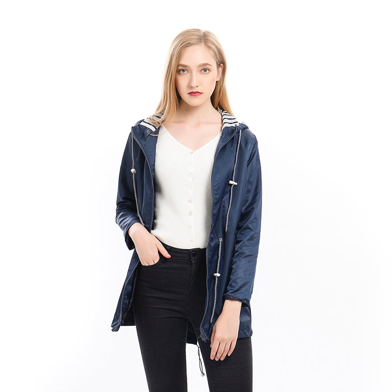 Damen Regenjacke mit Kapuze und Tunnelzug gestreiftes Futter