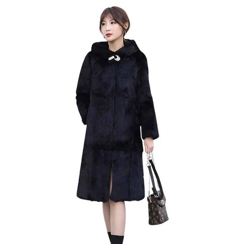 Damen Hooded Mantel Plüsch Optik Lang Schwarz