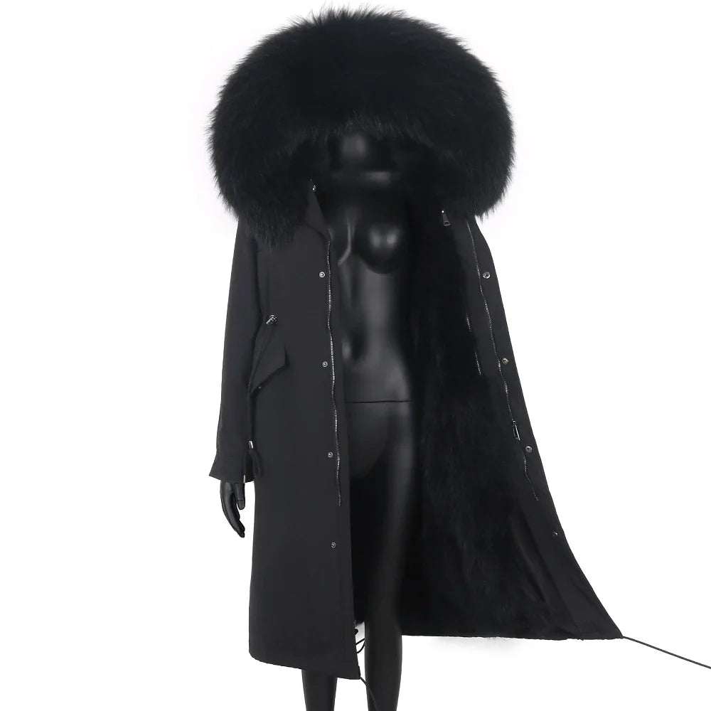 Damen Winterparka Schwarz mit Pelzbesatz Kapuze Lang