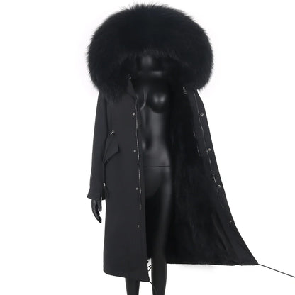 Damen Winterparka Schwarz mit Pelzbesatz Kapuze Lang