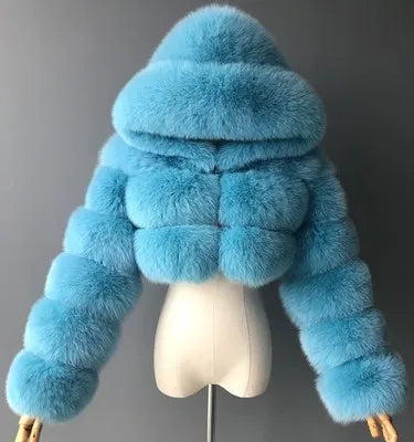 Kurze Damen Pelzimitat Jacke mit Kapuze und langen Ärmeln