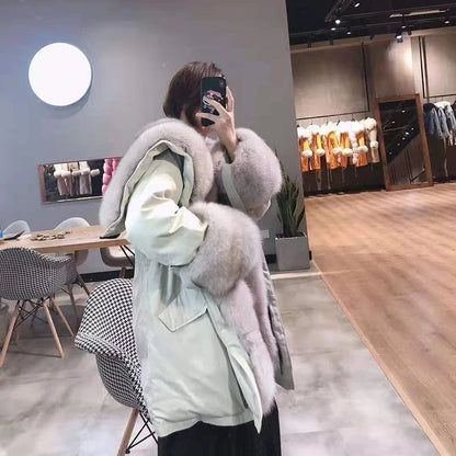 Damen Parka Jacke mit Kapuze und Pelzimitat Futter Olive Grün
