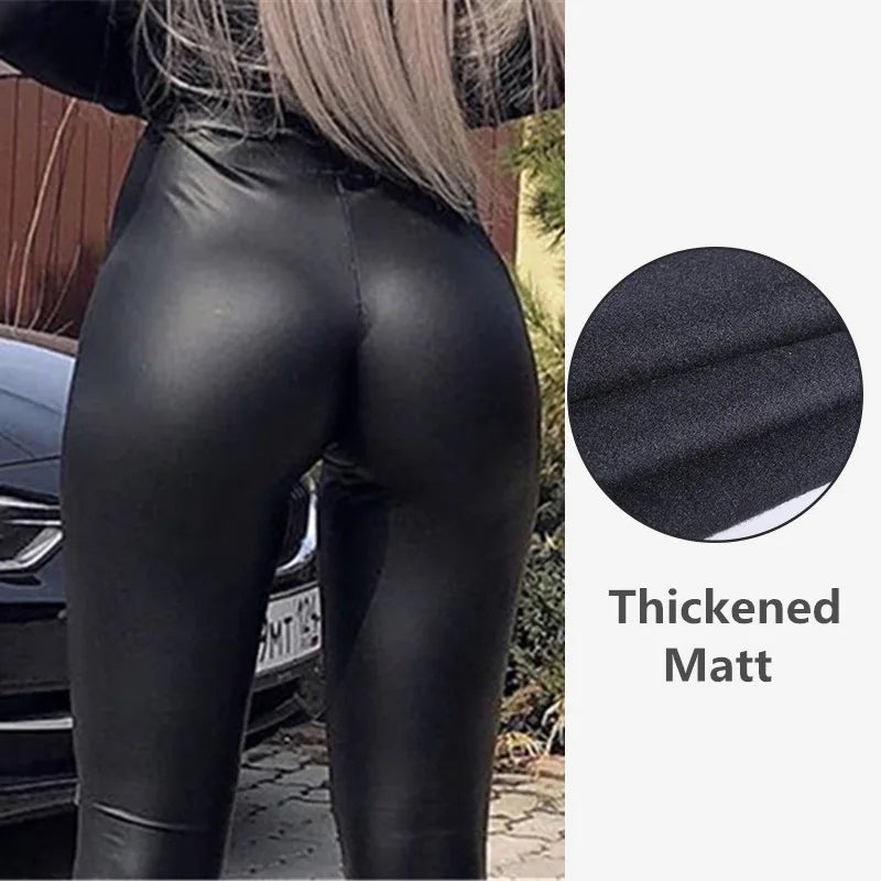 Damen Leggings Hochglanz Look Hose Schwarz Glänzend Matt