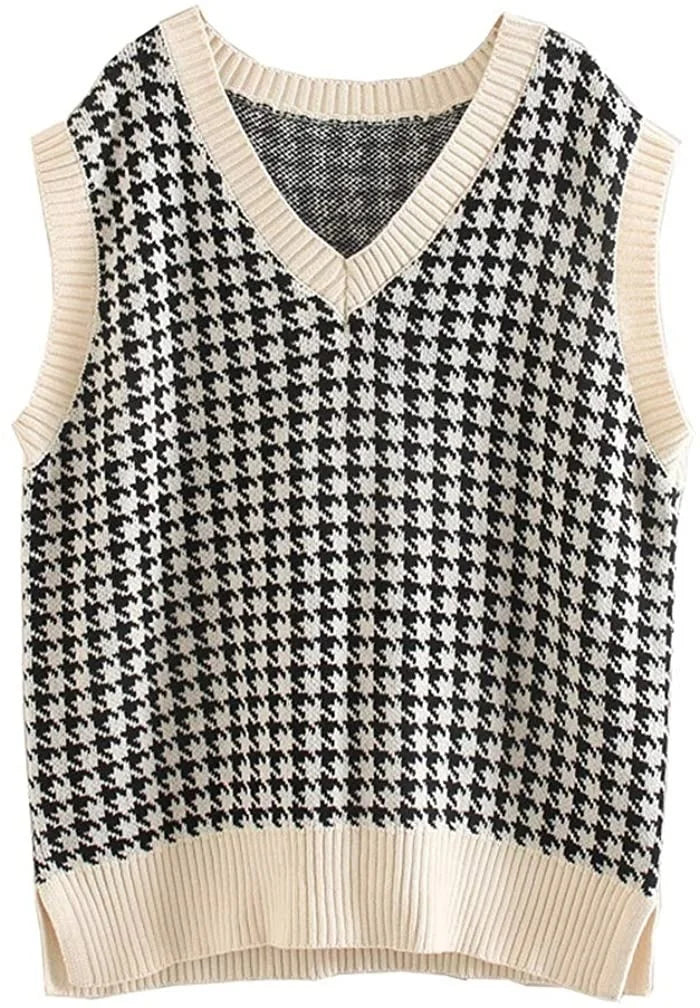 Damen Pullunder Hahnentritt V-Ausschnitt Strickweste Beige