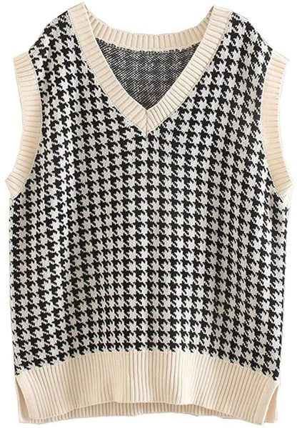 Damen Pullunder Hahnentritt V-Ausschnitt Strickweste Beige