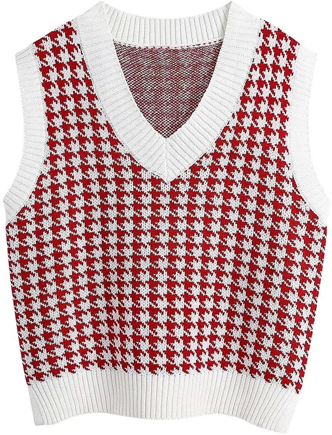 Damen Pullunder Hahnentritt V-Ausschnitt Strickweste Beige