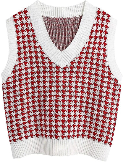 Damen Pullunder Hahnentritt V-Ausschnitt Strickweste Beige