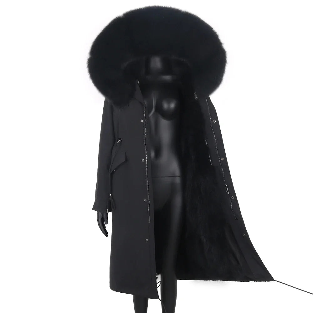 Langer Damen Winter Parka mit Kapuze und Pelzbesatz, warm gefüttert