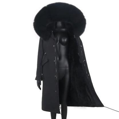 Langer Damen Winter Parka mit Kapuze und Pelzbesatz, warm gefüttert