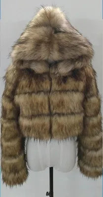 Kurze Damen Pelzimitat Jacke mit Kapuze und langen Ärmeln