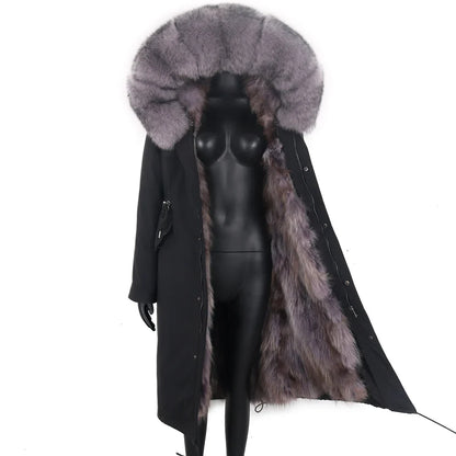 Damen Winterparka Schwarz mit Pelzbesatz Kapuze Lang