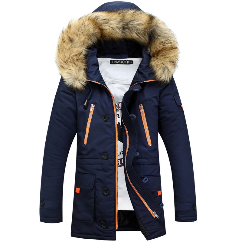 Herren Winterparka mit Kapuze und Kunstfellbesatz, Militärgrün