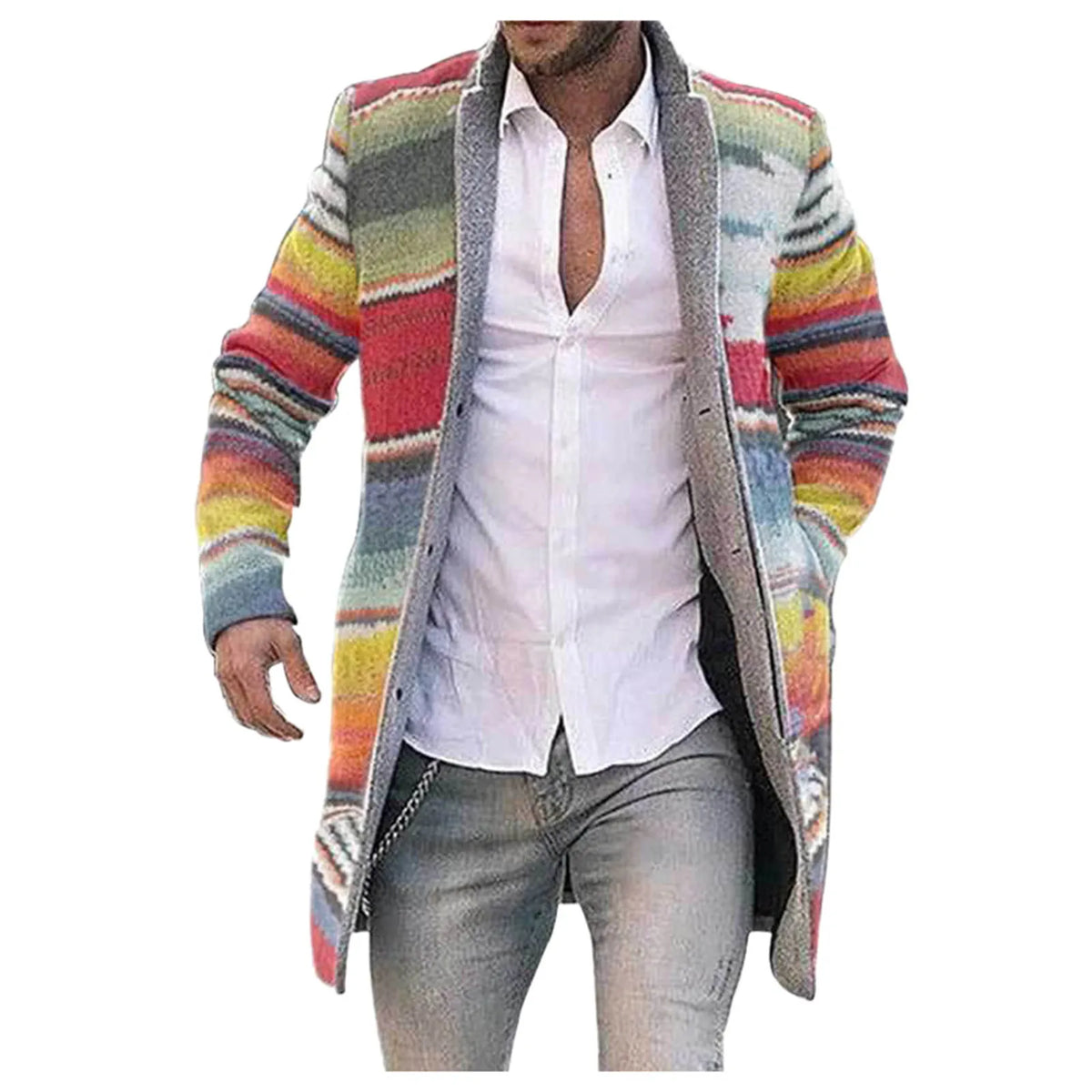 Herren Cardigan Strickjacke Lang Multi-Farben Gestreift Offen Wintermantel Jacke