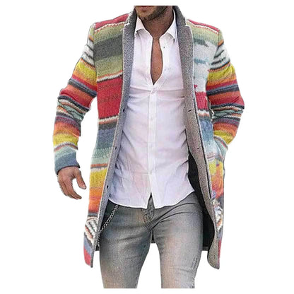 Herren Cardigan Strickjacke Lang Multi-Farben Gestreift Offen Wintermantel Jacke