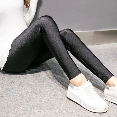 Damen Glänzende Leggings Schwarz Hochglanz Stretch