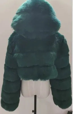 Kurze Damen Pelzimitat Jacke mit Kapuze und langen Ärmeln