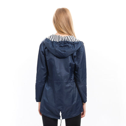 Damen Regenjacke mit Kapuze und Tunnelzug gestreiftes Futter