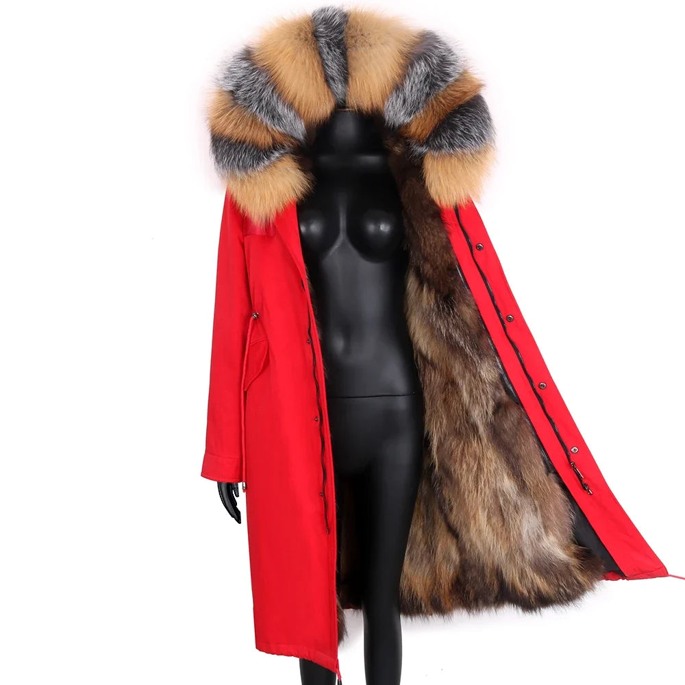 Langer Damen Winter Parka mit Kapuze und Pelzbesatz, warm gefüttert