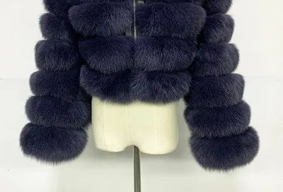 Kurze Damen Pelzimitat Jacke mit Kapuze und langen Ärmeln