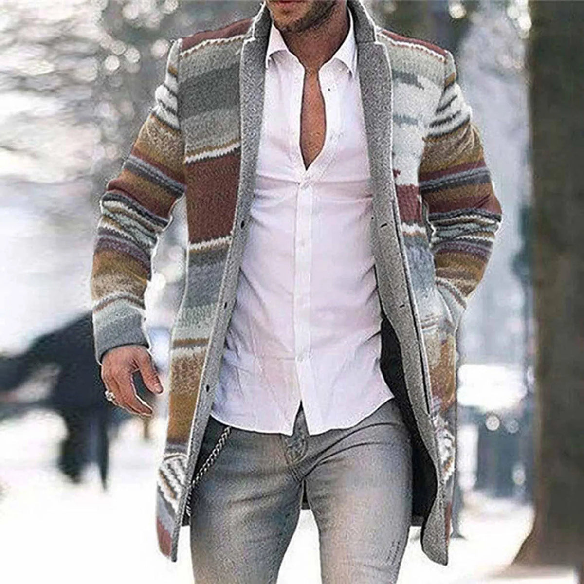 Herren Cardigan Strickjacke Lang Multi-Farben Gestreift Offen Wintermantel Jacke