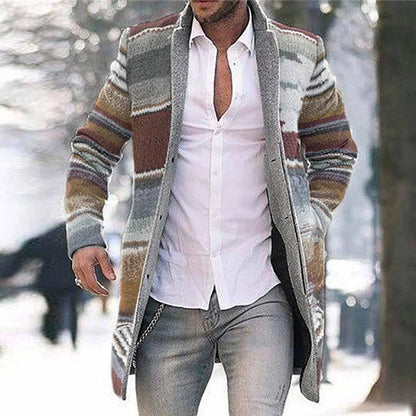 Herren Cardigan Strickjacke Lang Multi-Farben Gestreift Offen Wintermantel Jacke