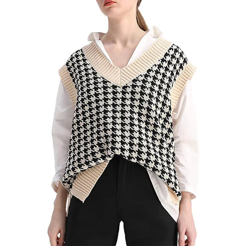 Damen Pullunder Hahnentritt V-Ausschnitt Strickweste Beige