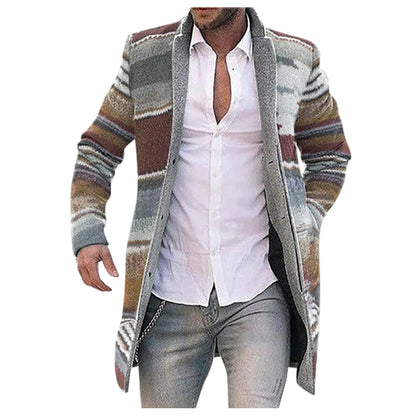 Herren Cardigan Strickjacke Lang Multi-Farben Gestreift Offen Wintermantel Jacke