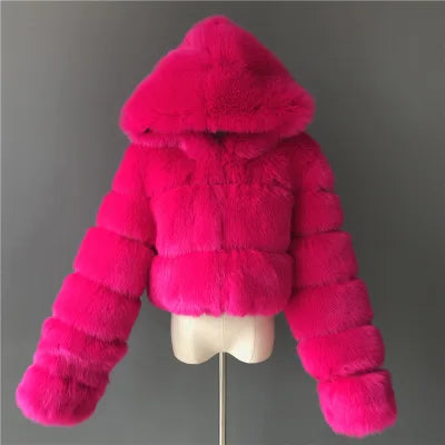Kurze Damen Pelzimitat Jacke mit Kapuze und langen Ärmeln