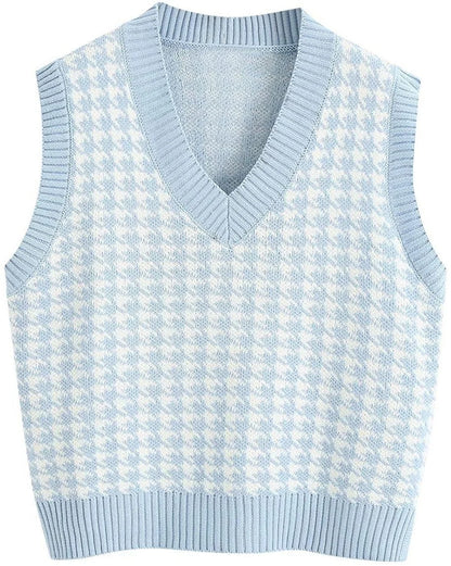 Damen Pullunder Hahnentritt V-Ausschnitt Strickweste Beige