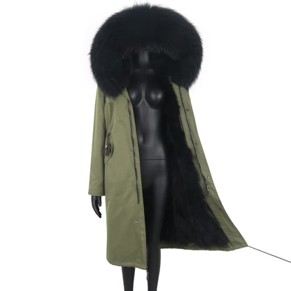 Langer Damen Winter Parka mit Kapuze und Pelzbesatz, warm gefüttert