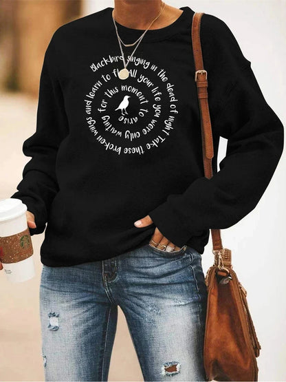 Sweatshirt Damen Rundhals Langarm mit "Blackbird" Schriftzug Druck