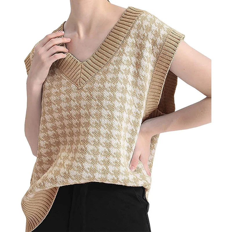 Damen Pullunder Hahnentritt V-Ausschnitt Strickweste Beige
