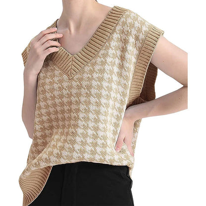 Damen Pullunder Hahnentritt V-Ausschnitt Strickweste Beige