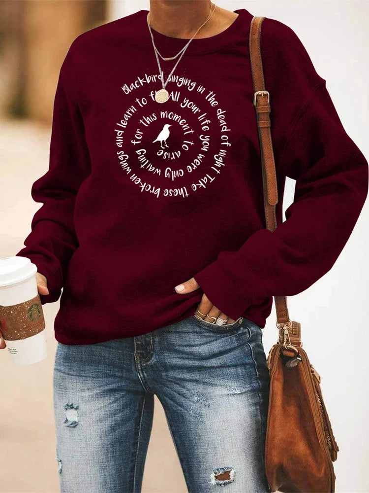 Sweatshirt Damen Rundhals Langarm mit "Blackbird" Schriftzug Druck