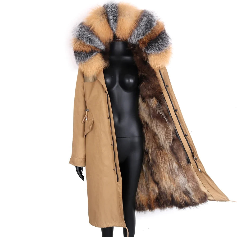 Langer Damen Winter Parka mit Kapuze und Pelzbesatz, warm gefüttert