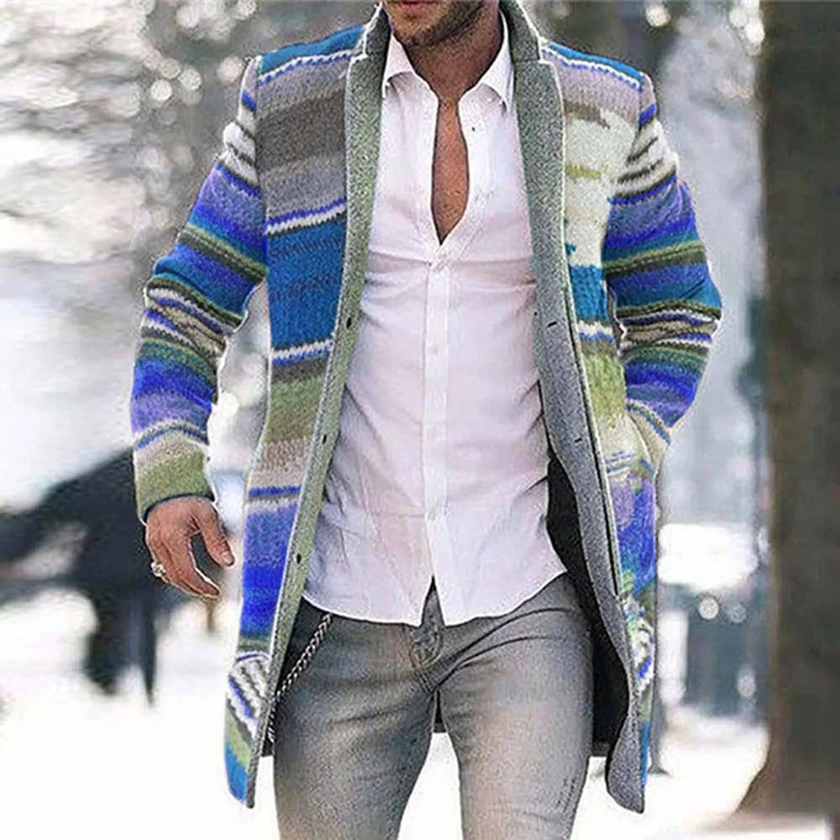 Herren Cardigan Strickjacke Lang Multi-Farben Gestreift Offen Wintermantel Jacke