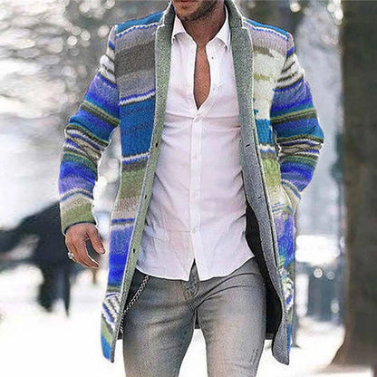 Herren Cardigan Strickjacke Lang Multi-Farben Gestreift Offen Wintermantel Jacke